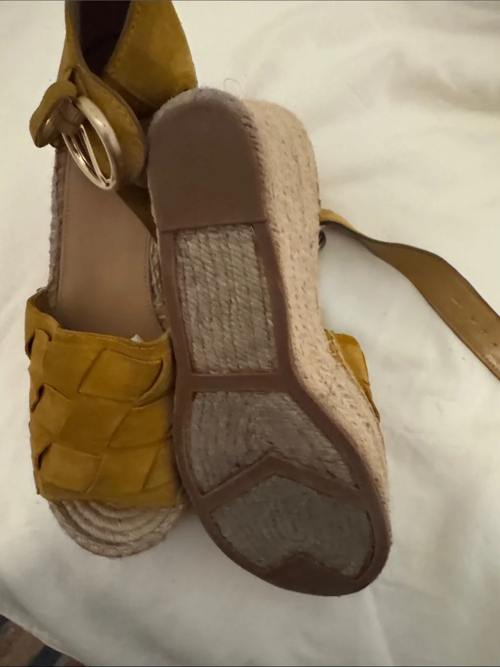 Marc Fisher Mustard Suede Espadrille Wedge Sandals with Ankle Buckle